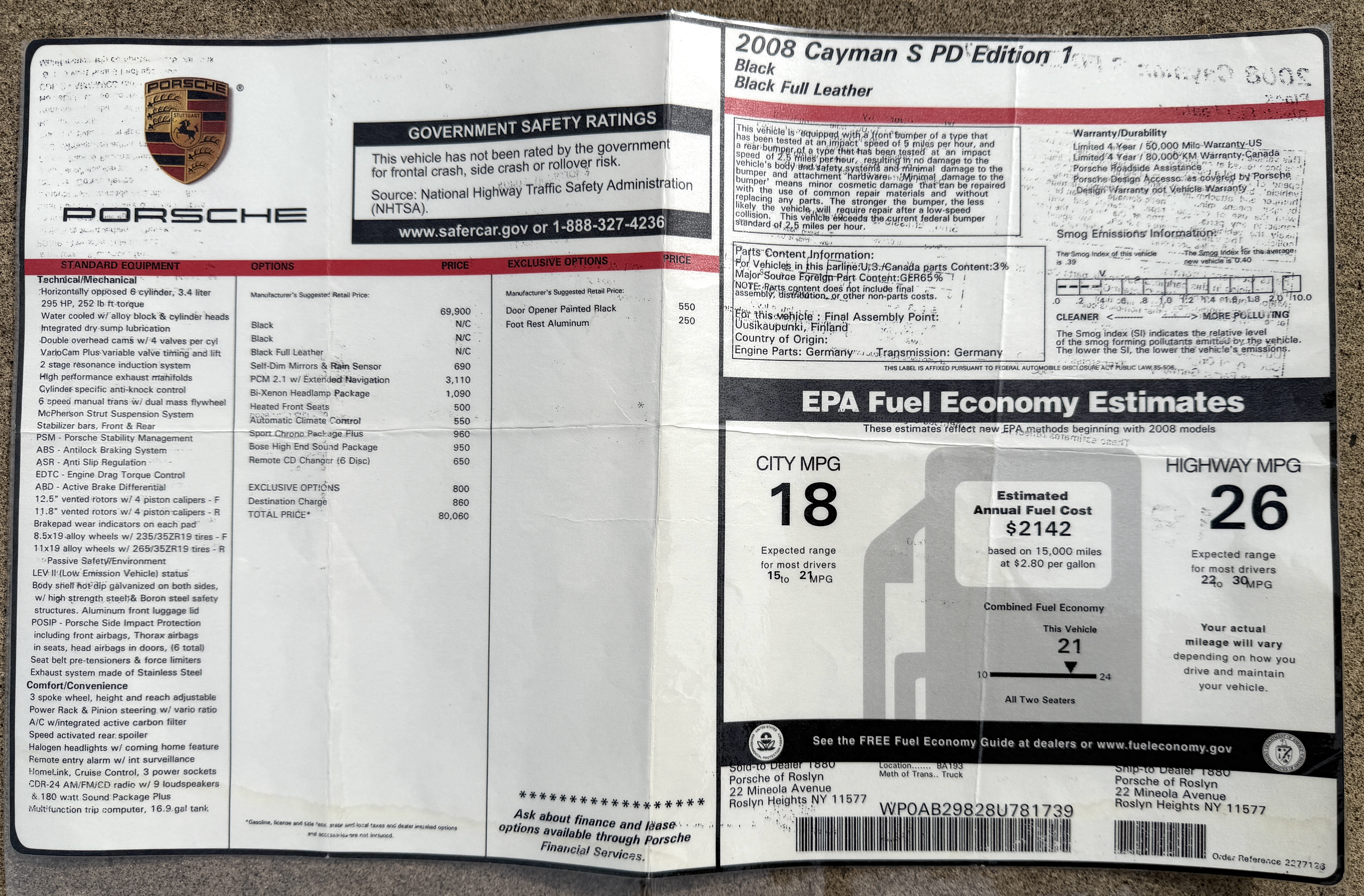 Original window sticker — 2008 Porsche Cayman S PD Edition 1